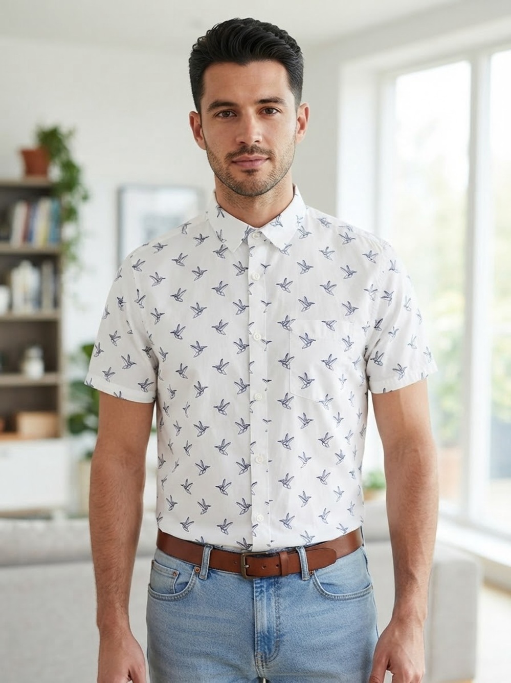 Topman White Short-Sleeve Button-Down Shirt with Blue Bird Print